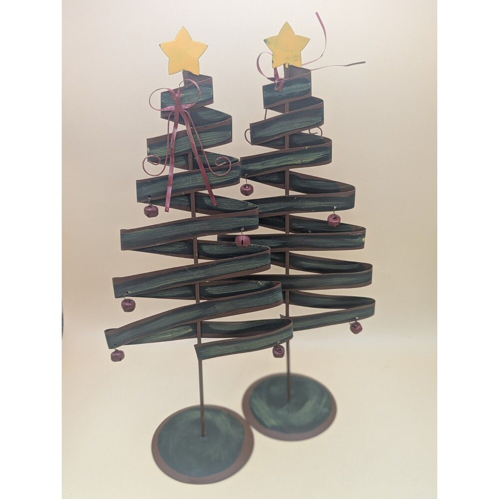 Metal Ribbon Christmas Tree Figurine w Jingle Bells Rustic Farmhouse Decor Lot 2